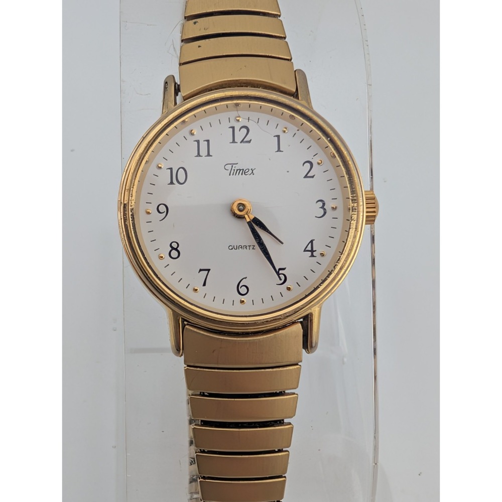 Vtg Timex Women's Watch 23mm Case White Dial Gold Stretch Band- New Battery